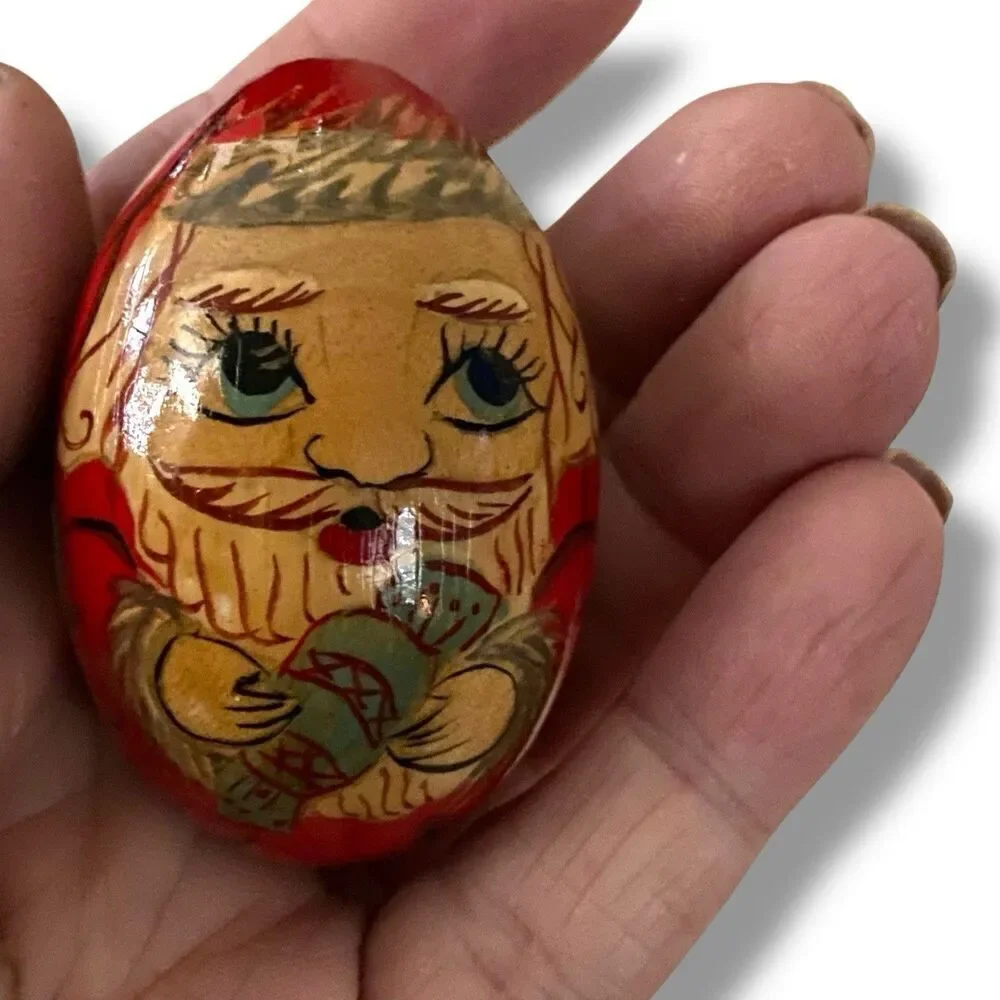 Vintage Hand Painted Wood Egg Folk Art Santa Claus St Nikolas European Set of 3